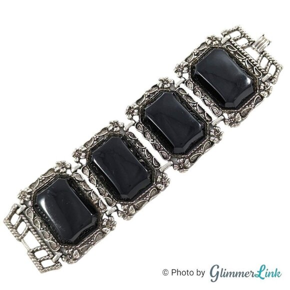 Jewelry - VTG 60s Wide Chunky Black Lucite Floral Ornate Linked Panel Silver Tone Bracelet